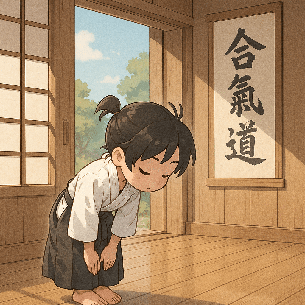 Träna i Umeå Anime-stil illustration av en aikidoutövare som bugande kliver in i en traditionell japansk dojo