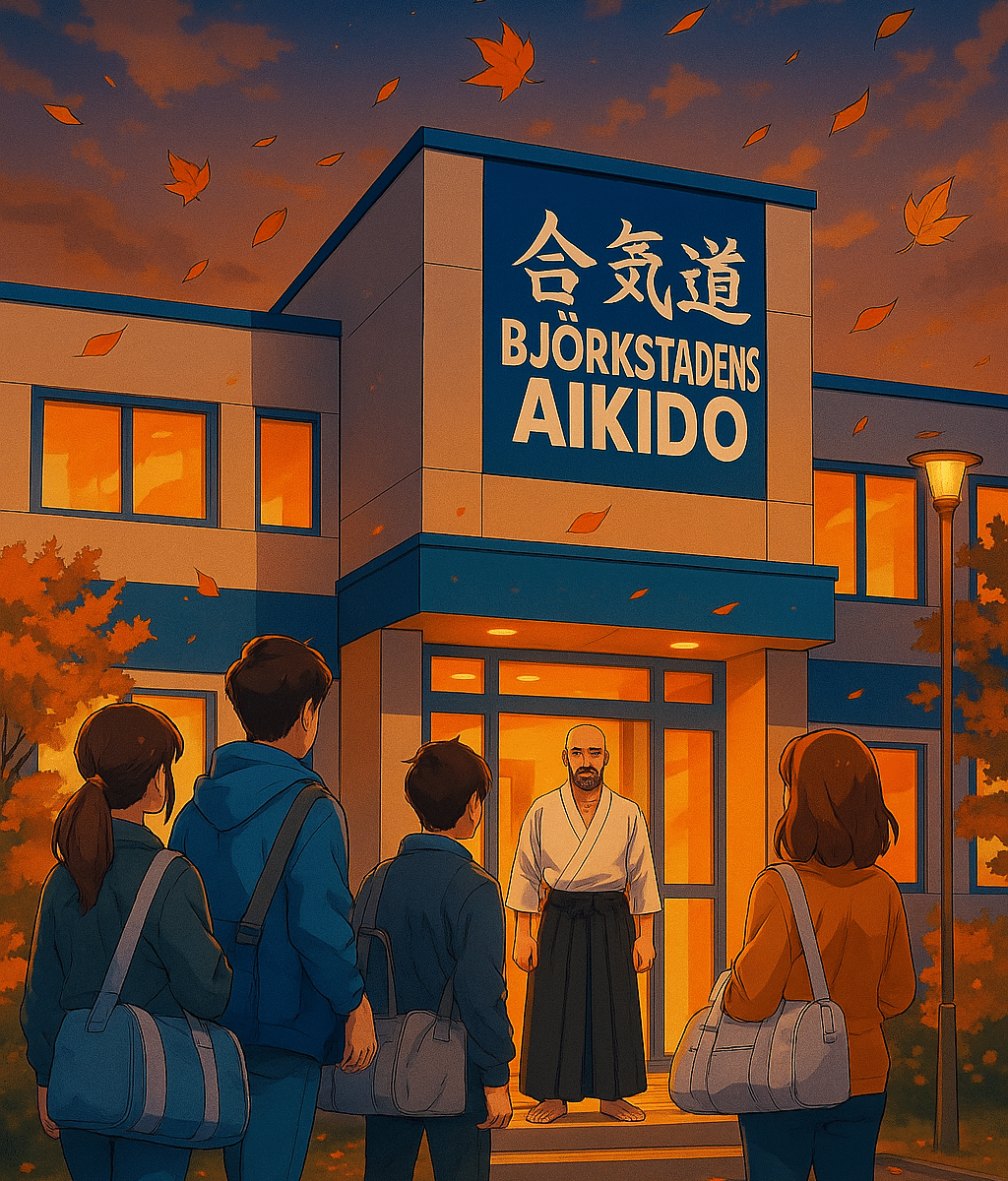 Ungdomar på väg att träna i Umeå står framför Björkstadens Aikido, där en instruktör i gi och hakama välkomnar dem bland höstlöv och kvällsljus.