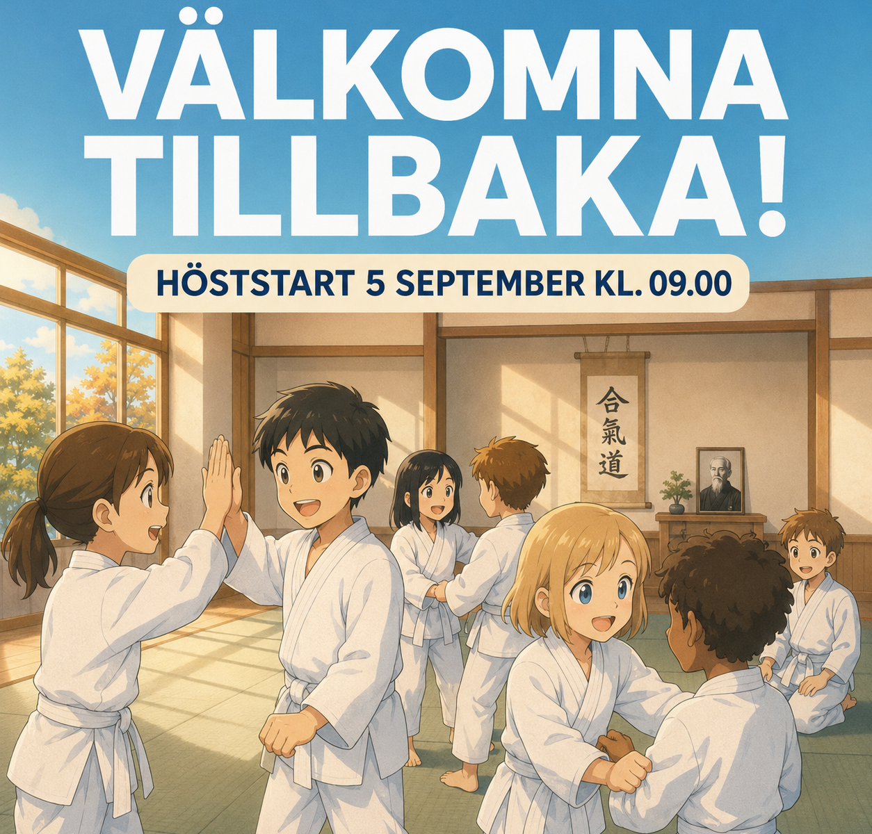 Mangabild med barn som tränar aikido i keikogi.